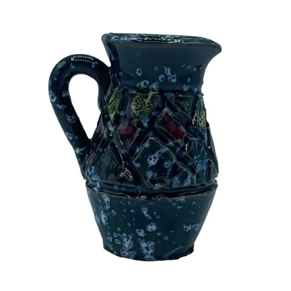 Italian Hand Painted Miniature Rustic Clay Pitcher Blue Red Yellow